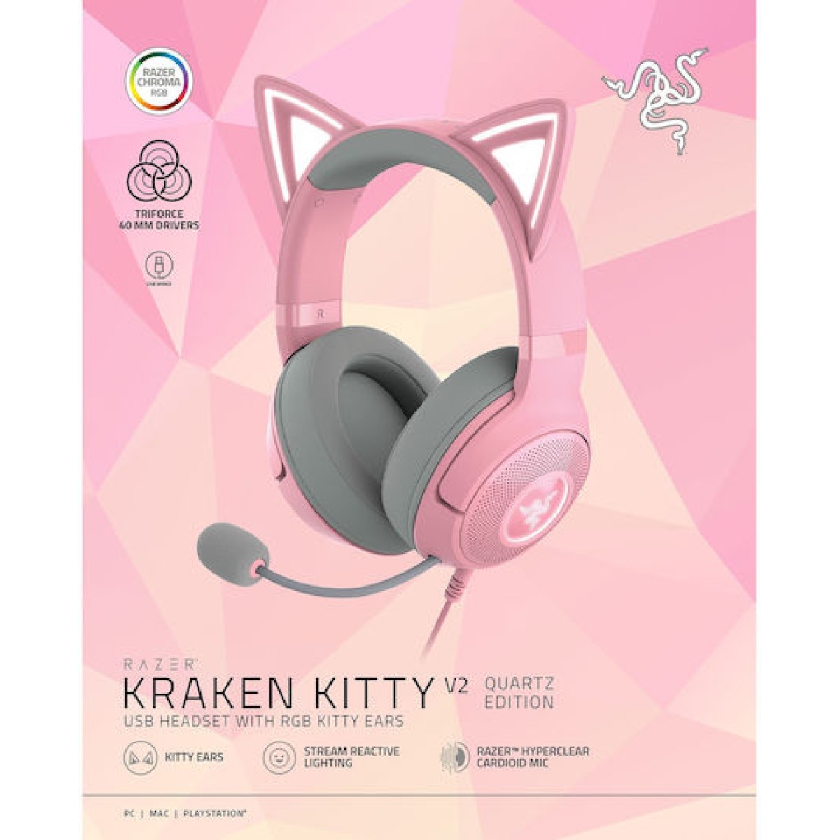 Razer Kraken Kitty V2 Over Ear Gaming Headset με σύνδεση USB Quartz