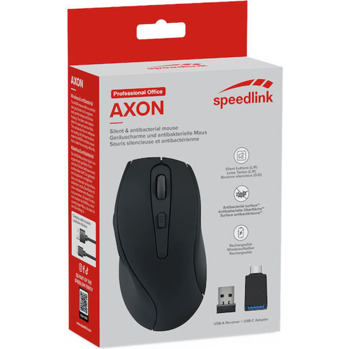SpeedLink AXON Low Noise & Antibacterial Ασύρματο Εργονομικό Ποντίκι Μαύρο