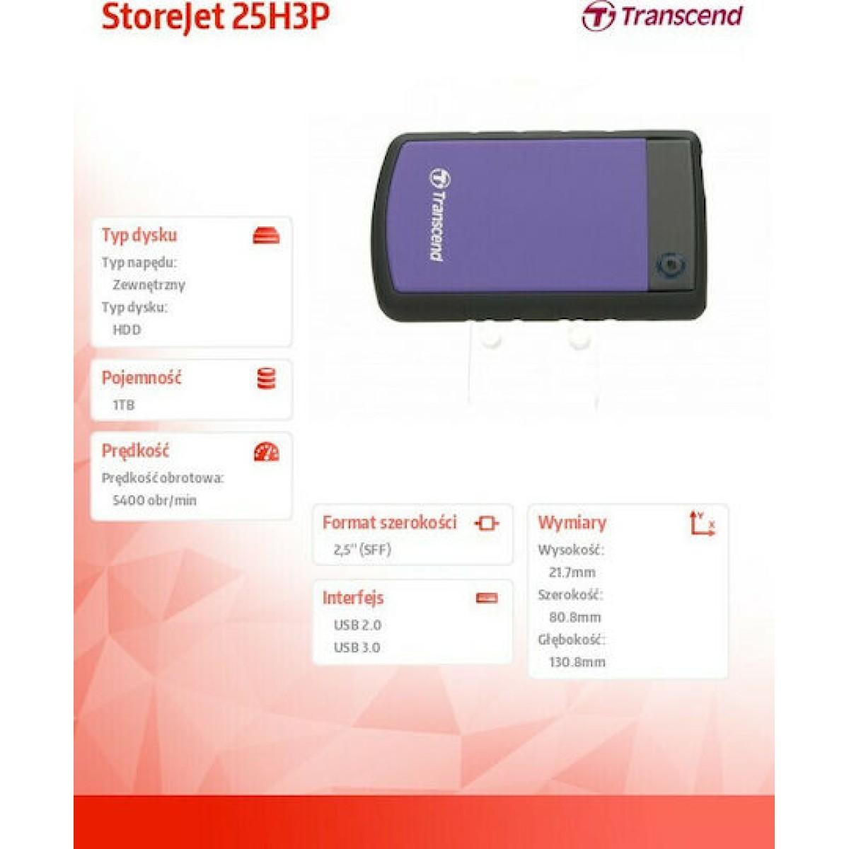 Transcend StoreJet 25H3P USB 3.0 Εξωτερικός HDD 1TB 2.5