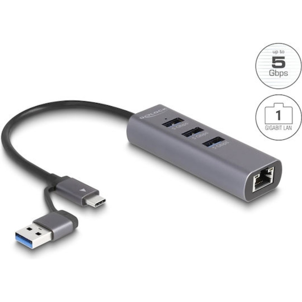 DeLock USB 3.0 Hub 3 Θυρών με σύνδεση USB-A / USB-C / Ethernet Γκρι