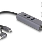 DeLock USB 3.0 Hub 3 Θυρών με σύνδεση USB-A / USB-C / Ethernet Γκρι