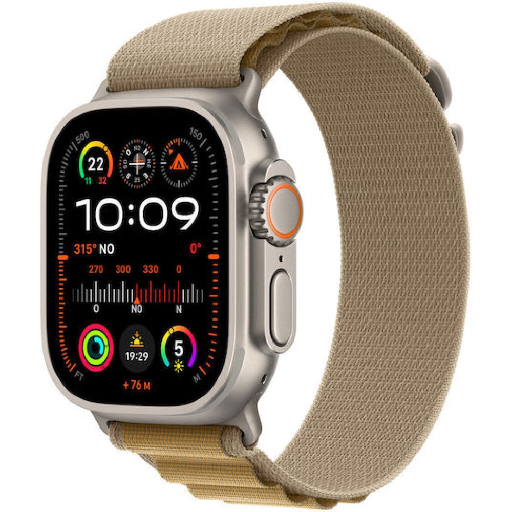Apple Watch Ultra 2 2024 Titanium 49mm Αδιάβροχο με eSIM και Παλμογράφο (Natural με Tan Alpine Loop - Medium)