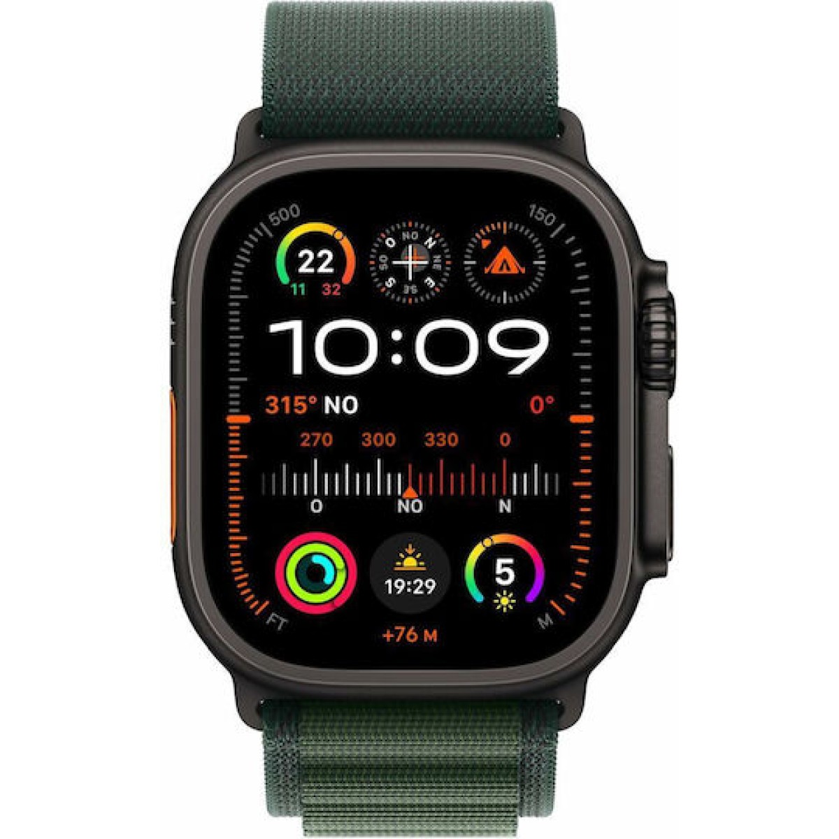 Apple Watch Ultra 2 2024 Titanium 49mm Αδιάβροχο με eSIM και Παλμογράφο (Black με Dark Green Alpine Loop - Medium)