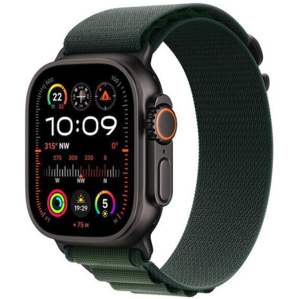 Apple Watch Ultra 2 2024 Titanium 49mm Αδιάβροχο με eSIM και Παλμογράφο (Black με Dark Green Alpine Loop - Large)