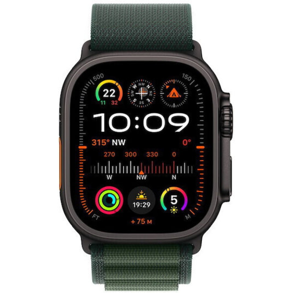 Apple Watch Ultra 2 2024 Titanium 49mm Αδιάβροχο με eSIM και Παλμογράφο (Black με Dark Green Alpine Loop - Large)