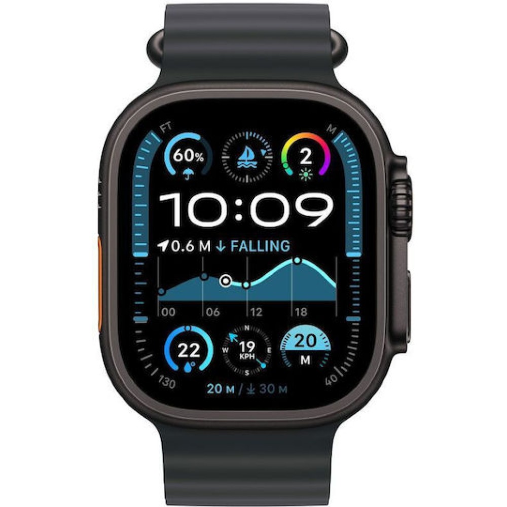 Apple Watch Ultra 2 2024 Titanium 49mm Αδιάβροχο με eSIM και Παλμογράφο (Black με Black Ocean Band)
