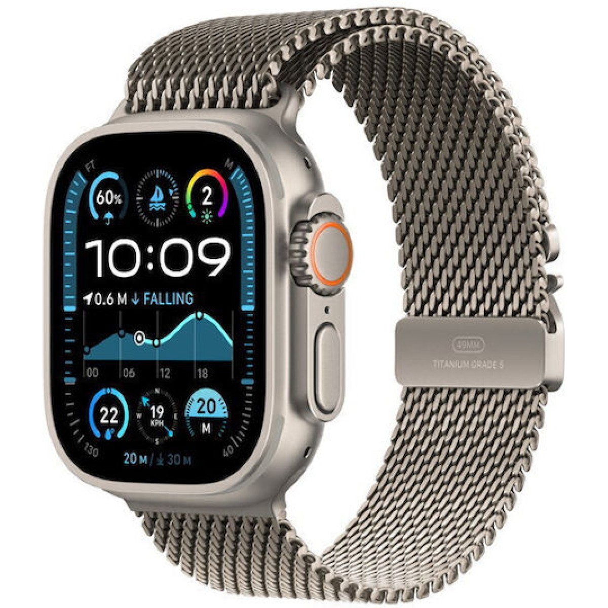 Apple Watch Ultra 2 2024 Titanium 49mm Αδιάβροχο με eSIM και Παλμογράφο (Natural με Natural Titanium Milanese Loop - Small)