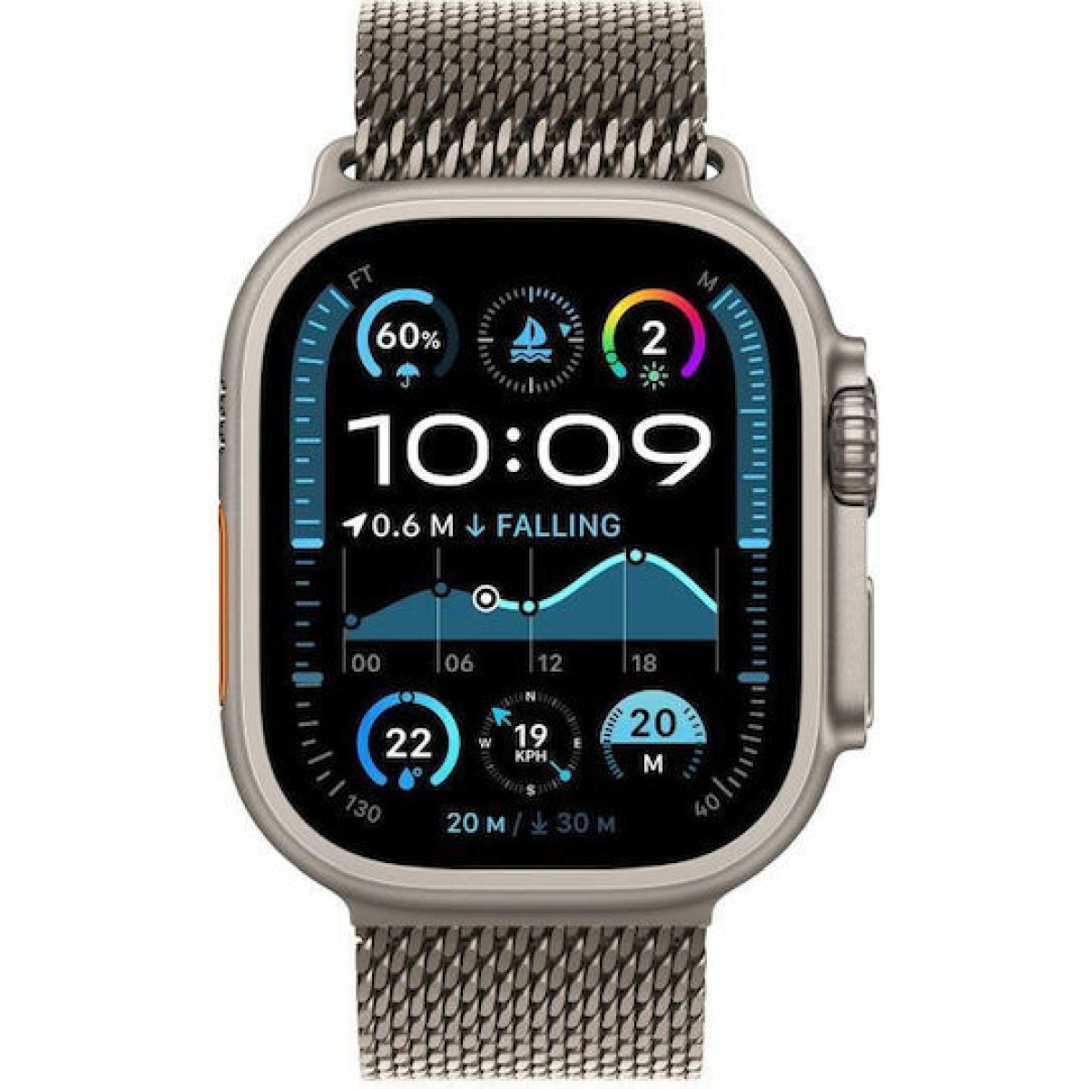 Apple Watch Ultra 2 2024 Titanium 49mm Αδιάβροχο με eSIM και Παλμογράφο (Natural με Natural Titanium Milanese Loop - M)