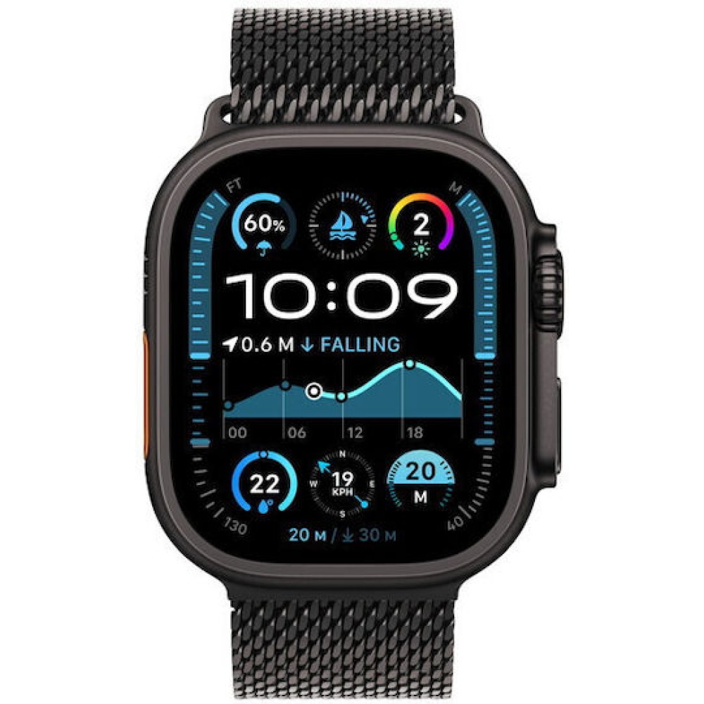Apple Watch Ultra 2 2024 Titanium 49mm Αδιάβροχο με eSIM και Παλμογράφο (Black με Black Titanium Milanese Loop - Small)