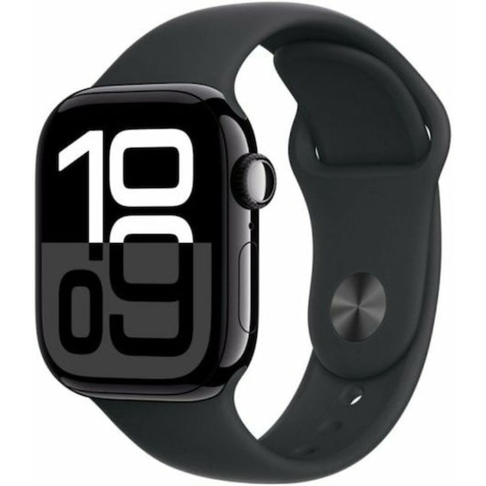 Apple Watch Series 10 Aluminium 42mm Αδιάβροχο με Παλμογράφο (Jet Black με Black Sport Band (S/M))