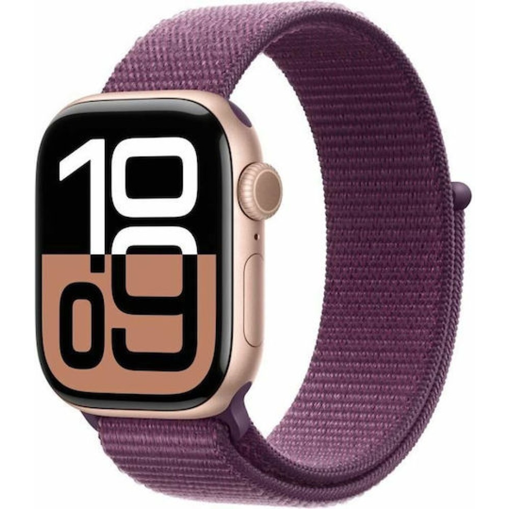 Apple Watch Series 10 Aluminium 42mm Αδιάβροχο με Παλμογράφο (Rose Gold με Plum Sport Loop)
