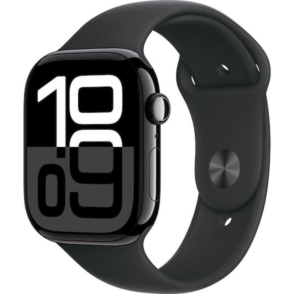 Apple Watch Series 10 Aluminium 46mm Αδιάβροχο με Παλμογράφο (Jet Black με Black Sport Band (S/M))