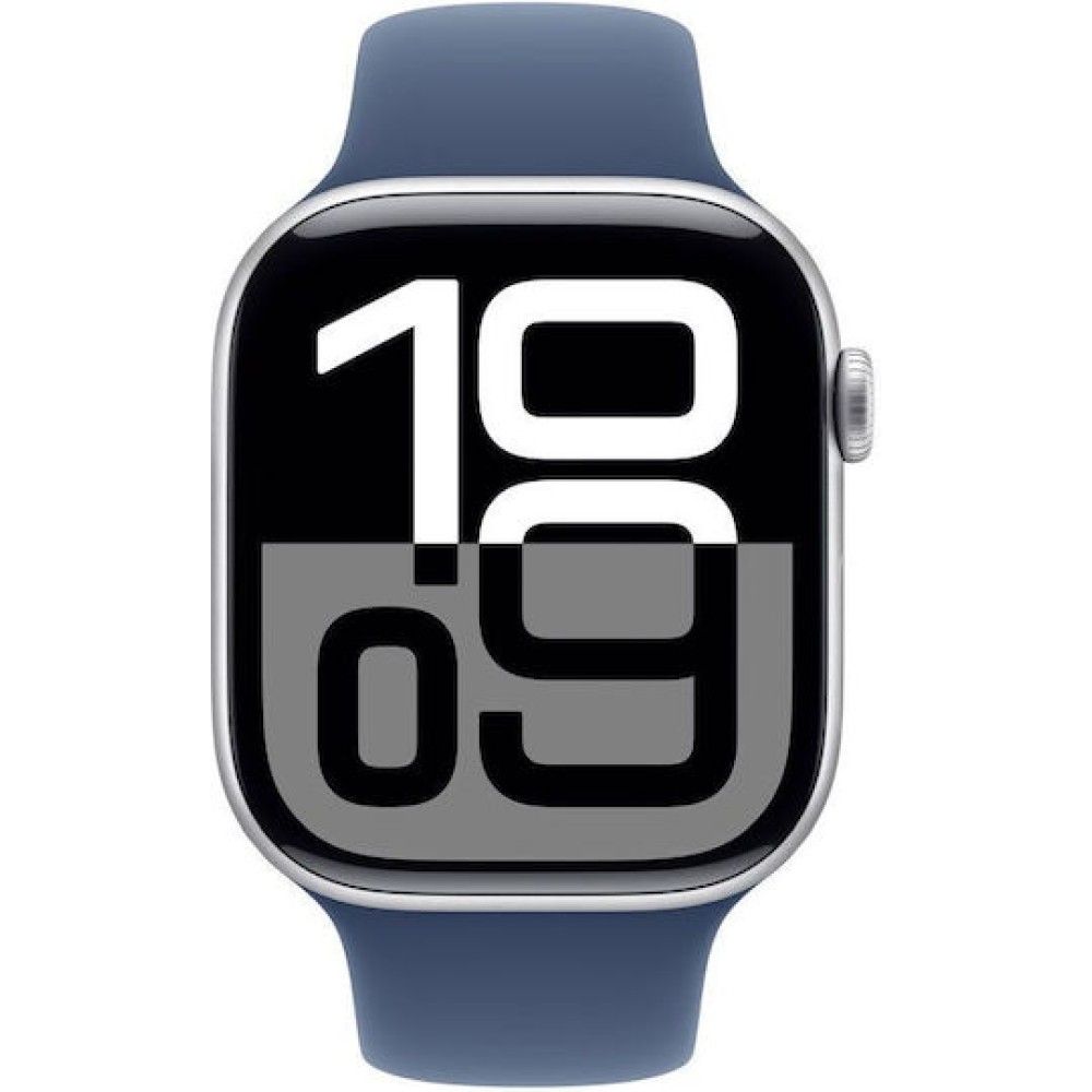 Apple Watch Series 10 Aluminium 46mm Αδιάβροχο με Παλμογράφο (Silver με Denim Sport Band (S/M))