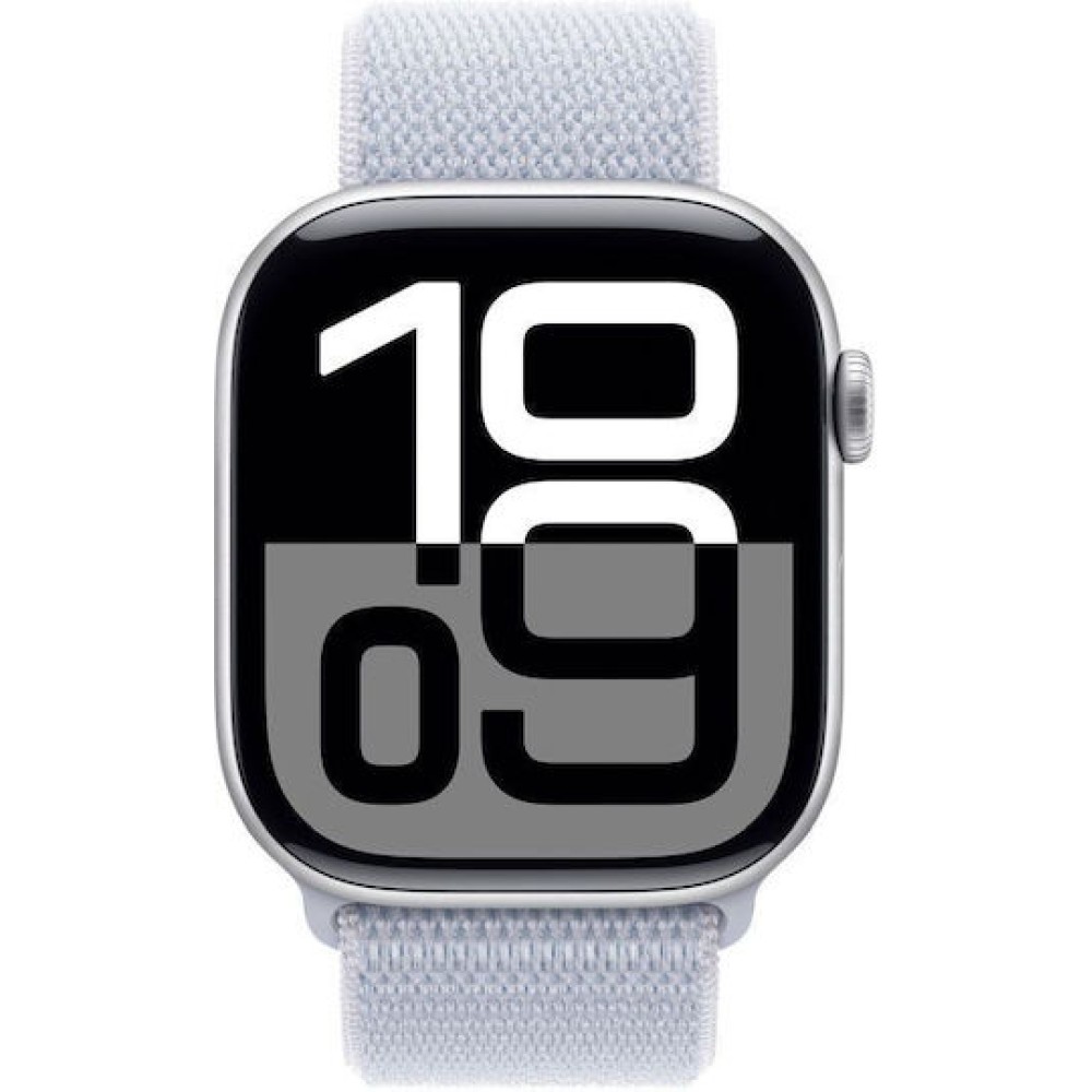 Apple Watch Series 10 Aluminium 46mm Αδιάβροχο με Παλμογράφο (Silver με Blue Cloud Sport Loop)