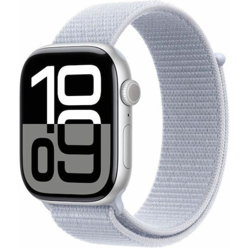 Apple Watch Series 10 Aluminium 46mm Αδιάβροχο με Παλμογράφο (Silver με Blue Cloud Sport Loop)