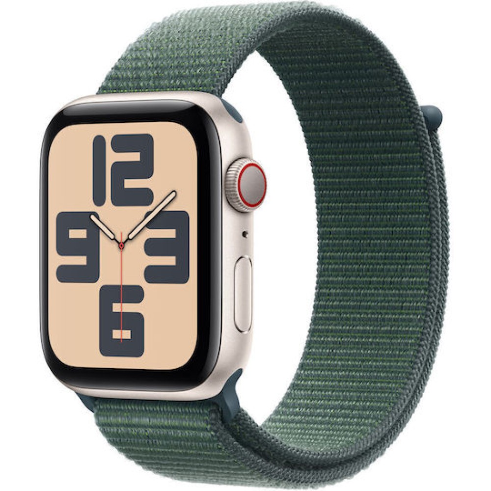 Apple Watch SE 2024 Cellular Aluminium 44mm Αδιάβροχο με eSIM και Παλμογράφο (Starlight με Lake Green Sport Loop)