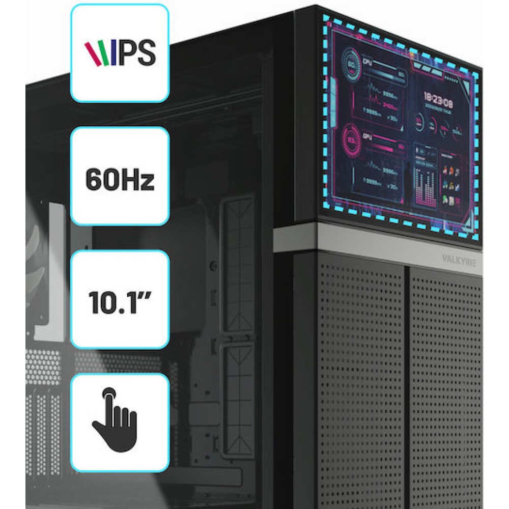 Valkyrie VK02 LCD Gaming Midi Tower Κουτί Υπολογιστή με Πλαϊνό Παράθυρο Μαύρο