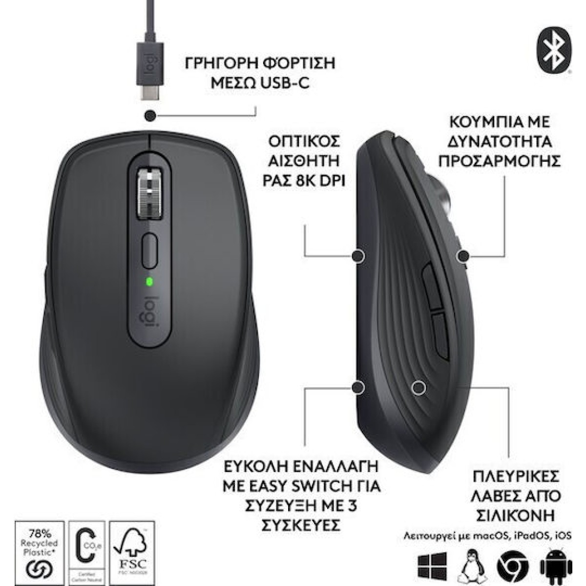 Logitech MX Anywhere 3S Ασύρματο Bluetooth Ποντίκι Graphite