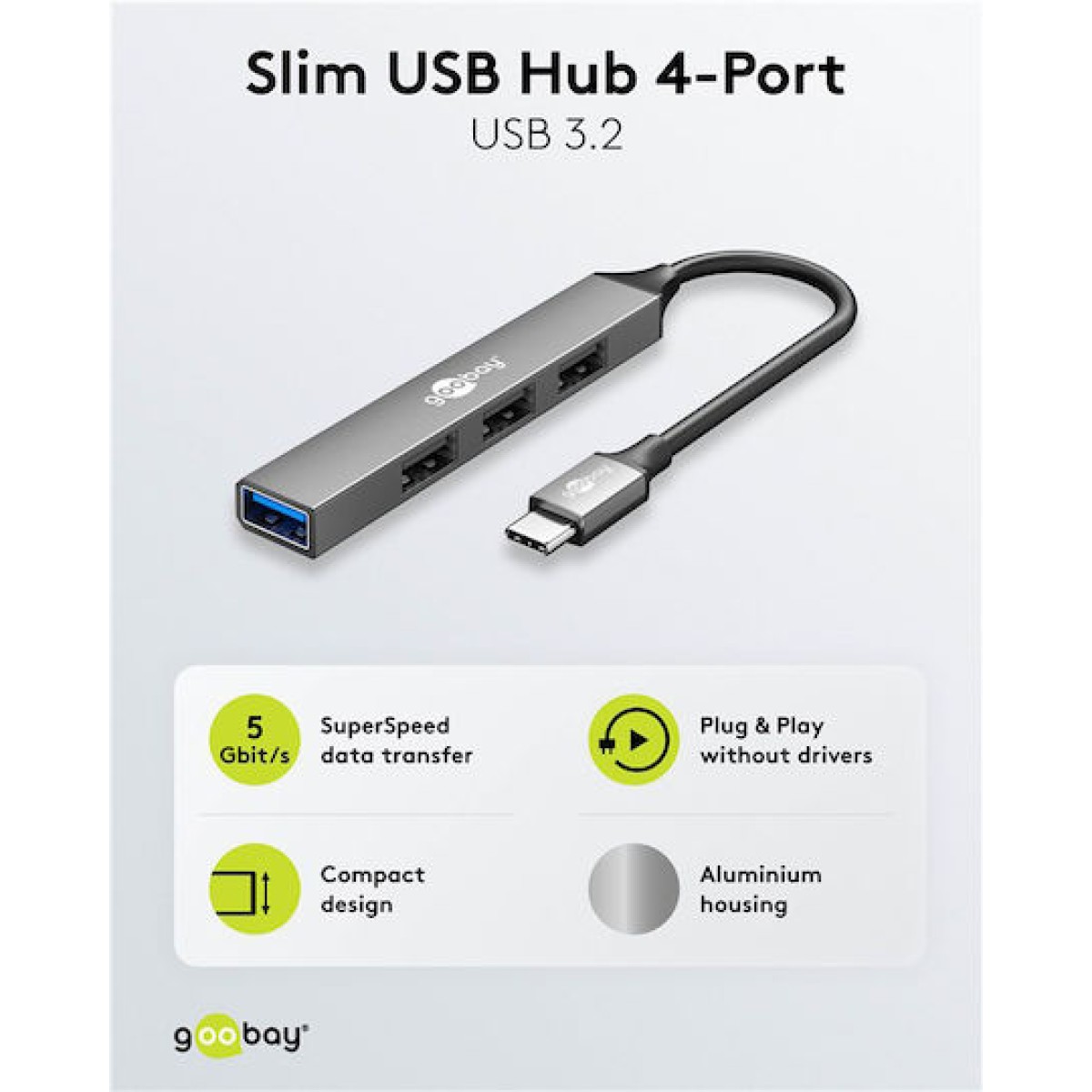 Goobay USB 3.2 Hub 4 Θυρών με σύνδεση USB-C Γκρι