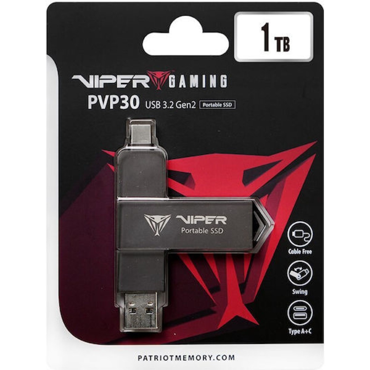 Patriot Pvp30 Duo Compact 1TB USB 3.2 SSD Stick με σύνδεση USB-A & USB-C Μαύρο
