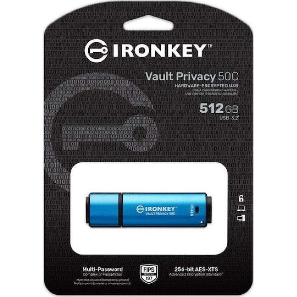 Kingston IronKey Vault Privacy 50 512GB USB 3.2 Stick με σύνδεση USB-C Μπλε