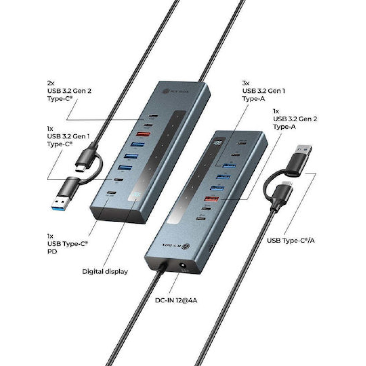 Icy Box Hub 9 Θυρών με σύνδεση USB-A Γκρι