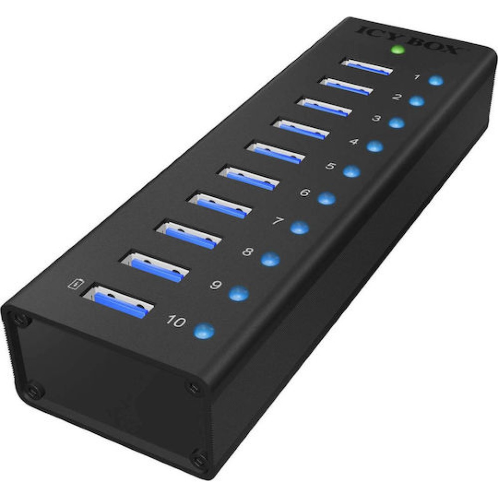Icy Box USB 3.0 Hub 10 Θυρών με σύνδεση USB-A & Θύρα Φόρτισης και Εξωτερική Παροχή Ρεύματος