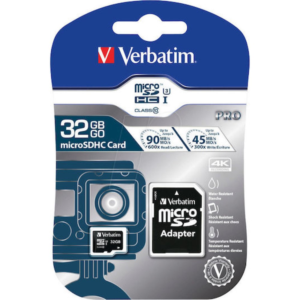 Verbatim Pro microSDHC 32GB Class 10 U3 UHS-I με αντάπτορα